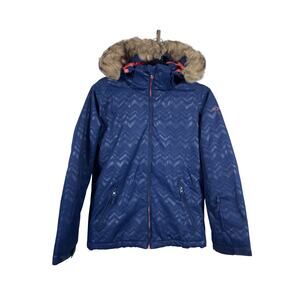 Roxy Ski Jacket Girls 14 XL Blue Jetty Chevron Faux Fur DryFlight 10K Polyester